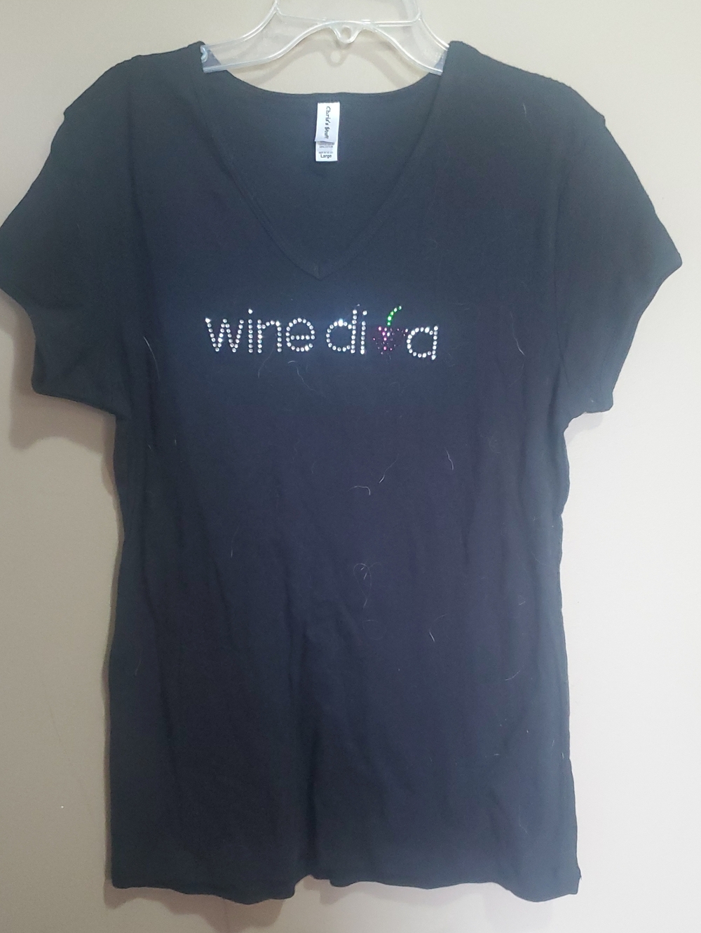 Chris's Stuff Black Rhinestone V-Neck Tee Size Large
